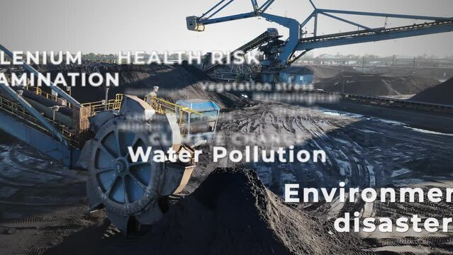 Coal mining site aerial. Animated text: pollution, health risks, and CO2 emissions related to climate change and fossil fuels. 3D render with special effects. Heavy machinery moving coal.