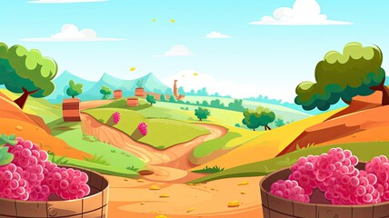 cartoon illustration countryside scene featuring a small house, wine barrels, and a vibrant landscape.
