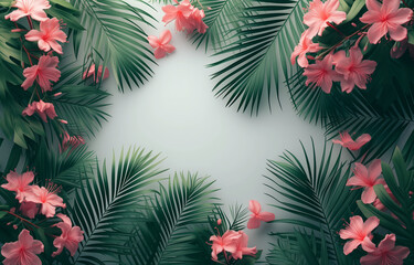 White background with pink flowers and palm leaves. Copy space.
