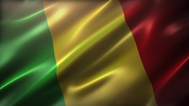The National Flag of Republic of Mali, high-angle, perspective view, cinematic look and feel, realistic CG animation, seamless loop-able, glossy, slow-motion wavering, elegant silky texture waving.