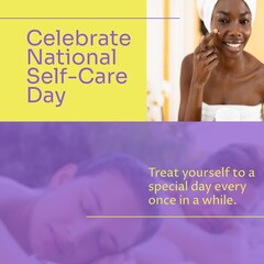 Composition of national self-care day text over diverse people applying cream and getting a massage