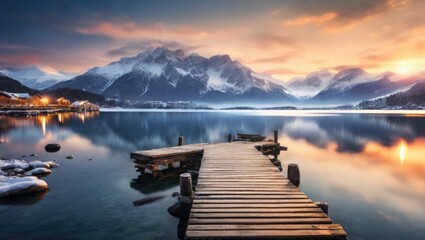 a wooden pier that is in the water near some mountains - obrazy, fototapety, plakaty