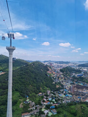 
A cityscape with a cable car.