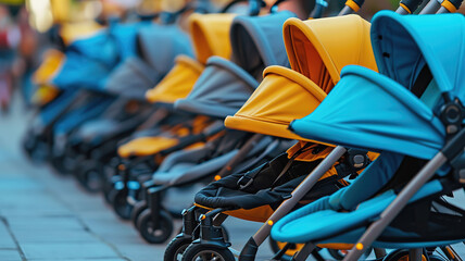 Baby strollers lined up on pavement on street