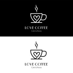 Coffee cup with love heart and aroma smoke for romantic coffee shop cafe logo design
