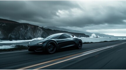 Speeding luxury car on a scenic highway under a blurred sky, showcasing the thrill of fast driving and the beauty of nature in motion