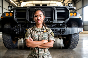 skilled and empowered Asian female mechanic in the military, symbolizing gender diversity and expertise within the armed forces.