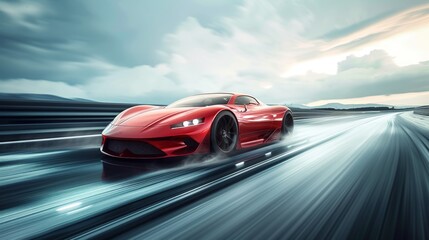 Speeding red sports car drives along the road with motion blur, showcasing the luxury and design of the new model