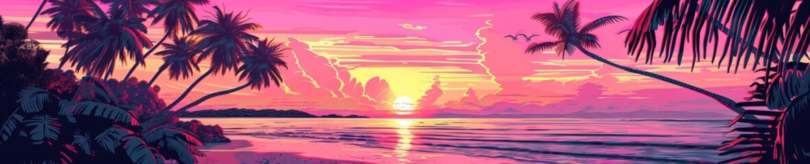 tropical vaporwave/synthwave style pink, magenta, and teal landscape image