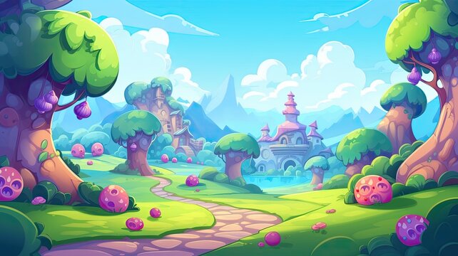 cartoon illustration Treasure cave, magical forest opening up to a calm lake surrounded by towering cliffs and vibrant flora.