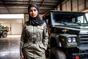 skilled and empowered Muslim Arabic female mechanic in the military, symbolizing gender diversity and expertise within the armed forces - obrazy, fototapety, plakaty