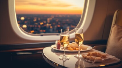Sip on your favorite drink while admiring the breathtaking view of buildings and lights from the window of this luxurious tail table inside the private jet.