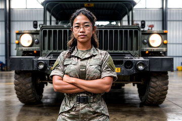 skilled and empowered attractive female mechanic in the military, symbolizing gender diversity and expertise within the armed forces