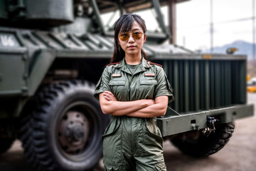 skilled and empowered Asian female mechanic in the military, symbolizing gender diversity and expertise within the armed forces.