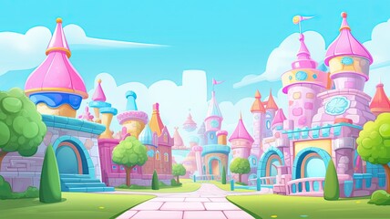 Fototapeta premium cartoon illustration Theme Park scene, town under a clear blue sky.