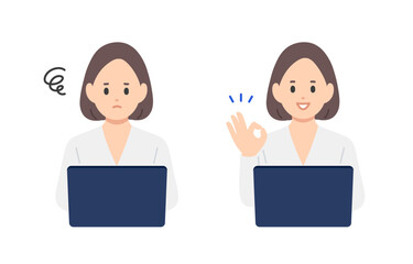 パソコンを見て悩む･OKポーズをするビジネスパーソン女性のセット【人物ベクターイラスト素材】