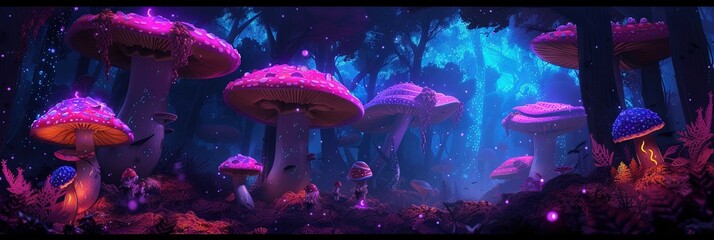 Mushrooms in a magical forest with blacklight effect - obrazy, fototapety, plakaty