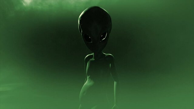 3D CGI push-in shot of a classic, shiny-skinned Roswell grey alien looking eeire and menacing, in an ominous swirling cloud of mist, with grey and green color tint