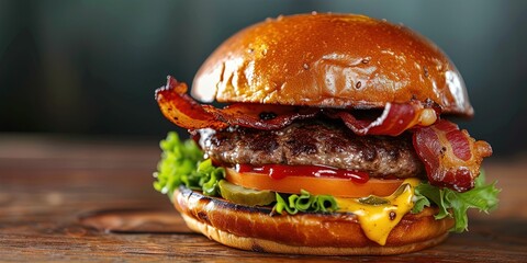 The perfect bacon cheeseburger on bun with copy space - obrazy, fototapety, plakaty