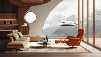 AI generated illustration of a living room with an airplane flying through the window