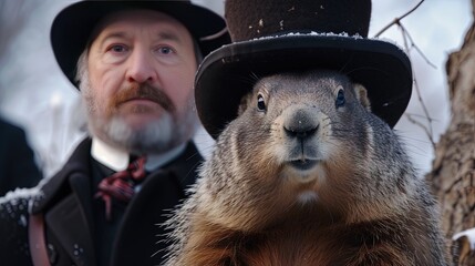 Groundhog in the winter with a top hat held by man in top hat and overcoat