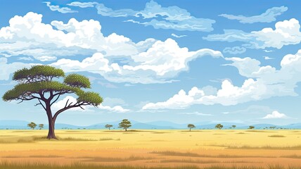 Obraz premium cartoon illustration savannah landscape, golden grasslands stretching out to the horizon, sky filled with fluffy white clouds