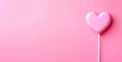 Heart shaped pink candy on a stick on pink background with copy space. Cute tasty sweets on a stick. Symbol of love. Sweet assorted candy on pink background. Delicious romantic Valentine's Day gift.