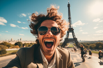 Selfie of a happy tourist in france with the eiffel tower in the background. Generative AI