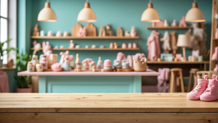 Empty wooden table for product display with blurry baby shop background - obrazy, fototapety, plakaty
