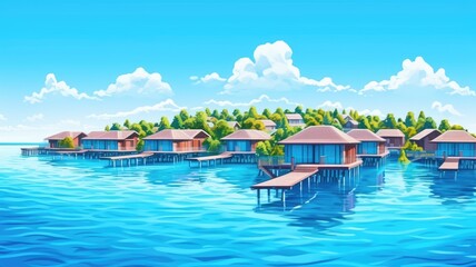 cartoon illustration Overwater Bungalows Amidst Azure Waters