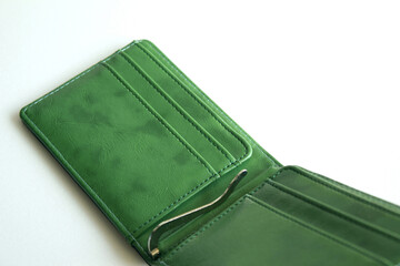 Blank green wallet isolated on white background . Open wallet . 