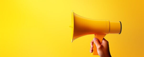 Megaphone in human hand on yellow background. Place for text - obrazy, fototapety, plakaty