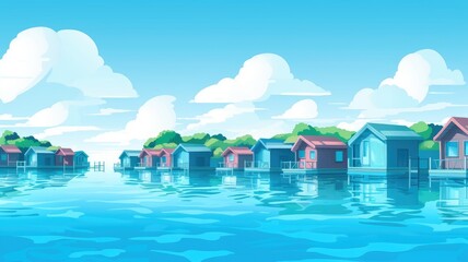 Fototapeta na wymiar cartoon illustration Overwater Bungalows Amidst Azure Waters
