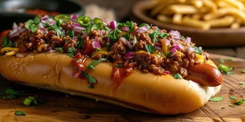 Outdoor kussens hot dog with chili on a plate © Brian