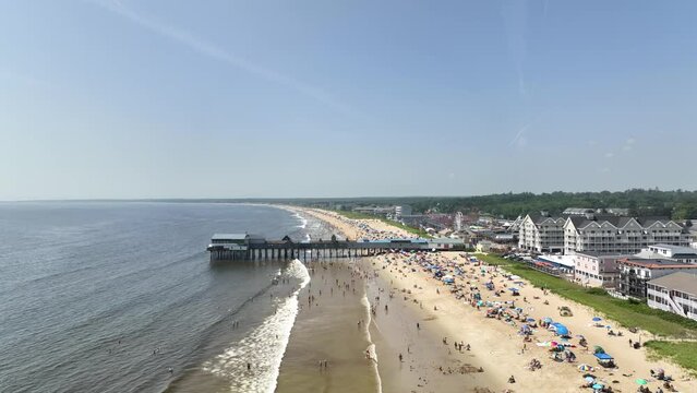 Drone shot of the boardwalk at Old Orchard Beach in Maine.