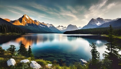 AI generated illustration of stunning mountain landscape mirrored in serene lake waters