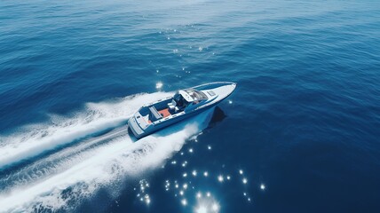 AI generated illustration of a motorboat in the blue calm lake