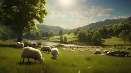 AI generated illustration of a herd of sheep grazing in the field on a sunny day
