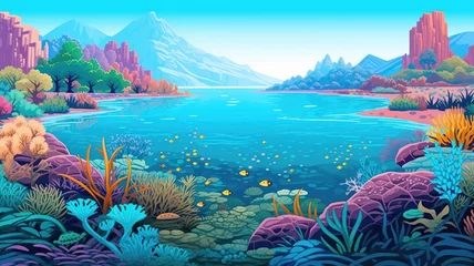  cartoon illustration largest coral reef system teeming with marine life. © chesleatsz