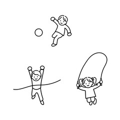 運動する元気で笑顔の子供たちのイラスト　モノクロ線画