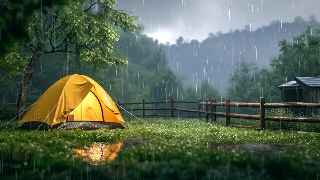 yellow camp tent on forest rainy day, adventure concept video background looping 