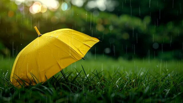 yellow umbrella wet on green grass when rainy video looping background 