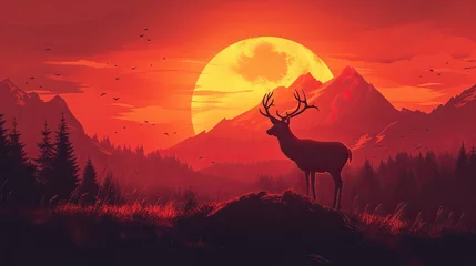 Tuinposter Deer silhouette sunset illustration © KhaizanGraphic