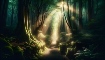 AI generated illustration of a peaceful forest scene lit by a warm, ambient light at night