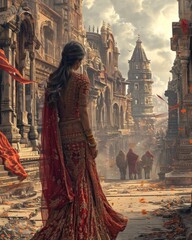 Naklejka premium Indian woman in an exquisite bride lehenga dress, looking over a historic street, AI-generated.