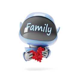 Cartoon cute blue robot with the inscription family looking at the camera and holding a red heart in his hands. He wants to become part of your family. Artificial intelligence is man's friend. 3D work