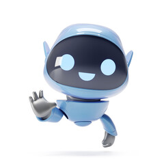 Cartoon cute blue robot smiles and looks at the camera and waves his hand. Greetings from artificial intelligence. 3D work on a white background..