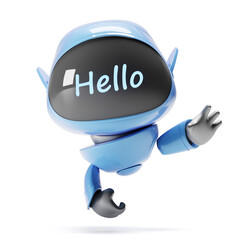 Cartoon cute blue robot with hello lettering looks at the camera and waves. He greets you. Artificial intelligence is man's friend. 3D work on a white background..
