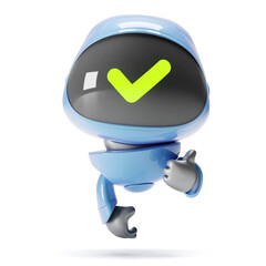 Cartoon cute blue robot with a green checkmark looking at the camera and giving a thumbs up. He wants to say that everything is fine and he understood everything. Artificial intelligence is man's frie