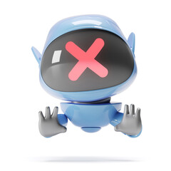 A cartoon cute blue robot with a red cross looks at the camera and tries to stop you. He wants to say that this is very dangerous. friend. 3D work on a white background..